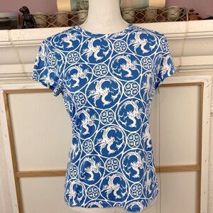 J.McLaughlin Griffon Print Blue Graphic Stretchy short Sleeved Top